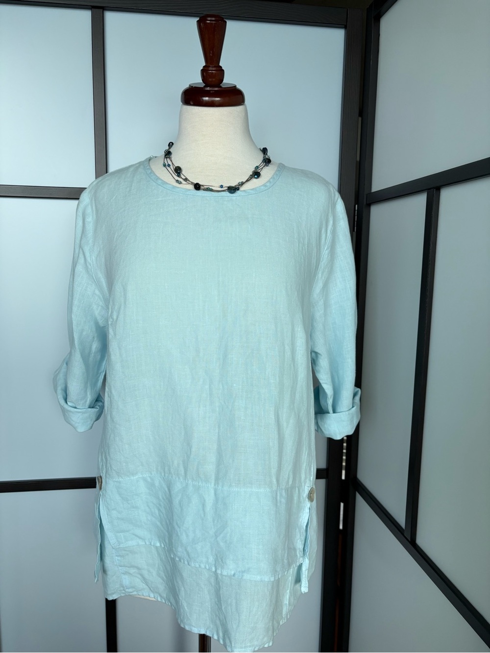 Mosaic USA 100% Linen Seafoam Blue Tunic Blouse ¾ Sleeve Size S